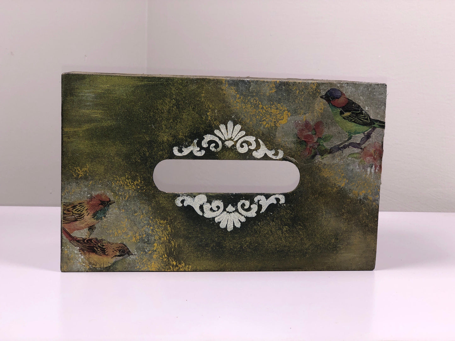 Hand-Painted Wooden Tissue Box - Rustic Bird Garden
