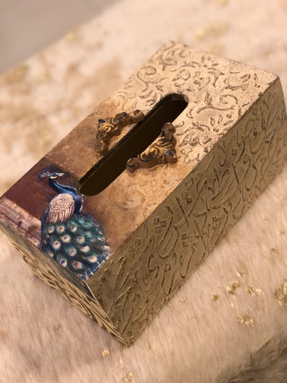 Hand-Textured Gold Tissue Box with Framed Peacock Accent
