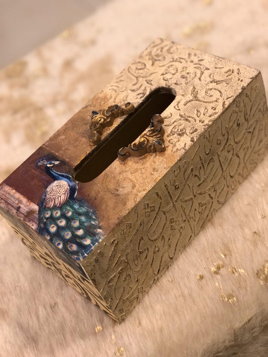 Hand-Textured Gold Tissue Box with Framed Peacock Accent