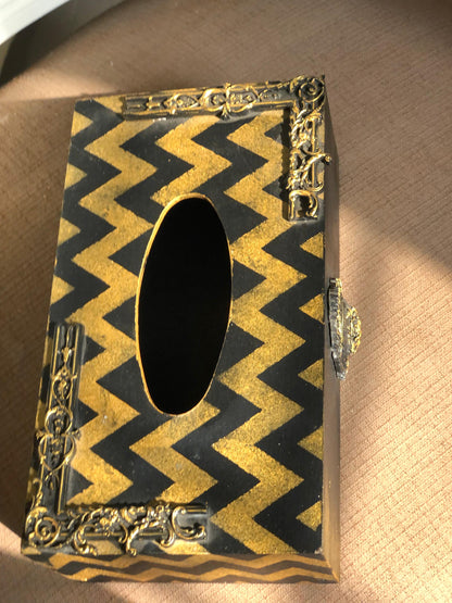 Hand-Painted Wooden Tissue Box - Golden Zigzag Ornate Frame