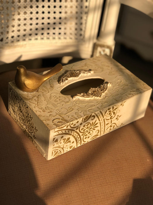 Hand-Painted Wooden Tissue Box | Vintage Ivory Gold Bird Motif Decor