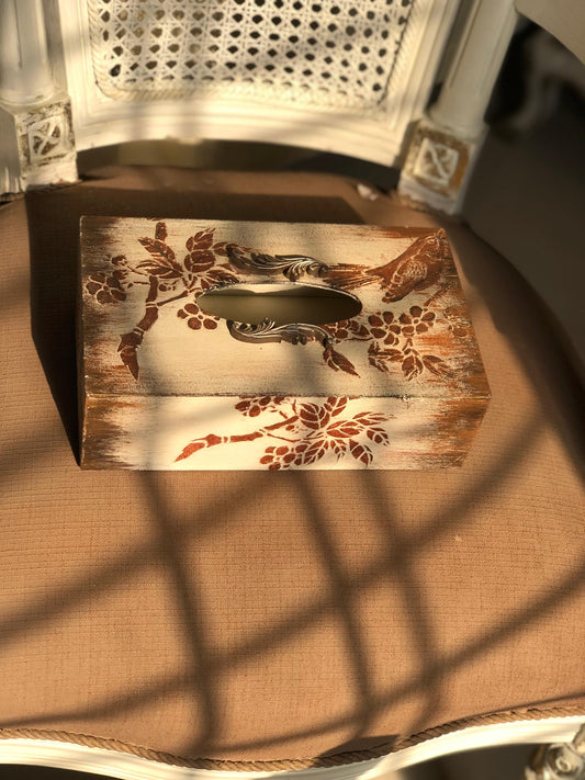 Hand-Painted Wooden Tissue Box - Distressed Rustic Bird Stencil