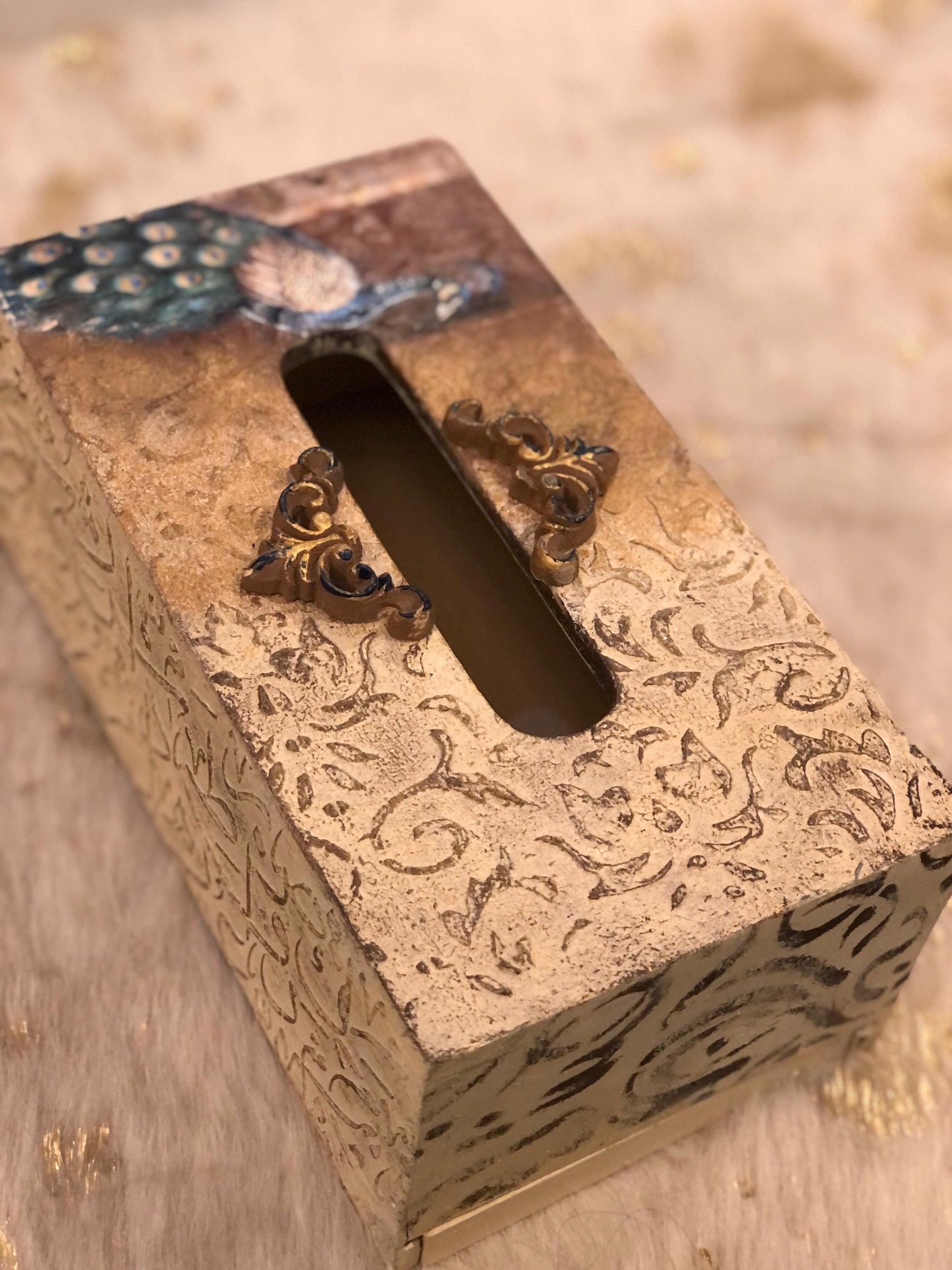 Hand-Textured Gold Tissue Box with Framed Peacock Accent