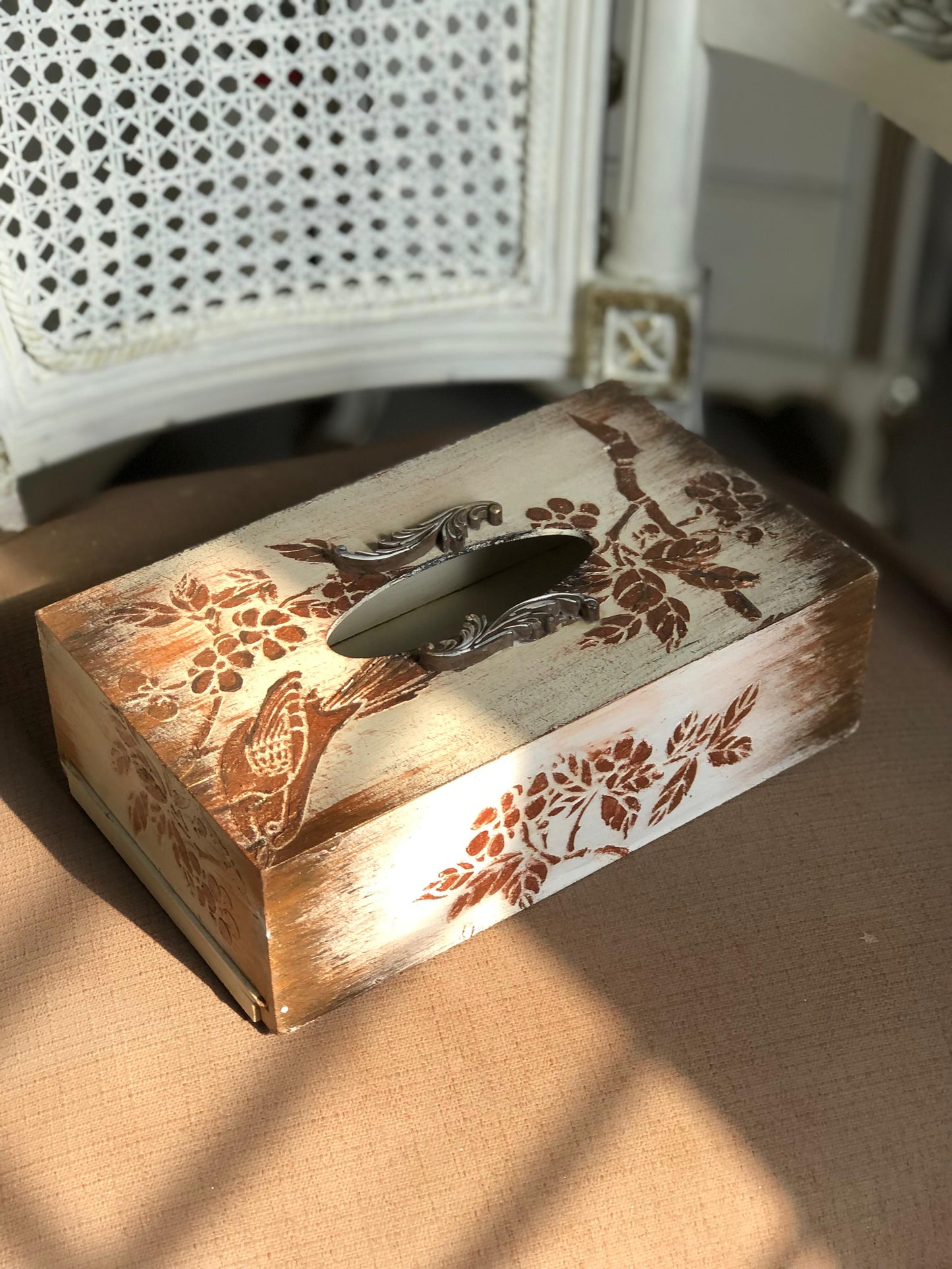 Hand-Painted Wooden Tissue Box - Distressed Rustic Bird Stencil