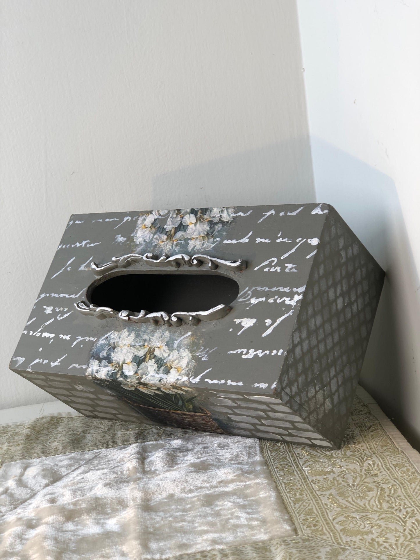 Hand-Painted Wooden Tissue Box - Vintage French Script