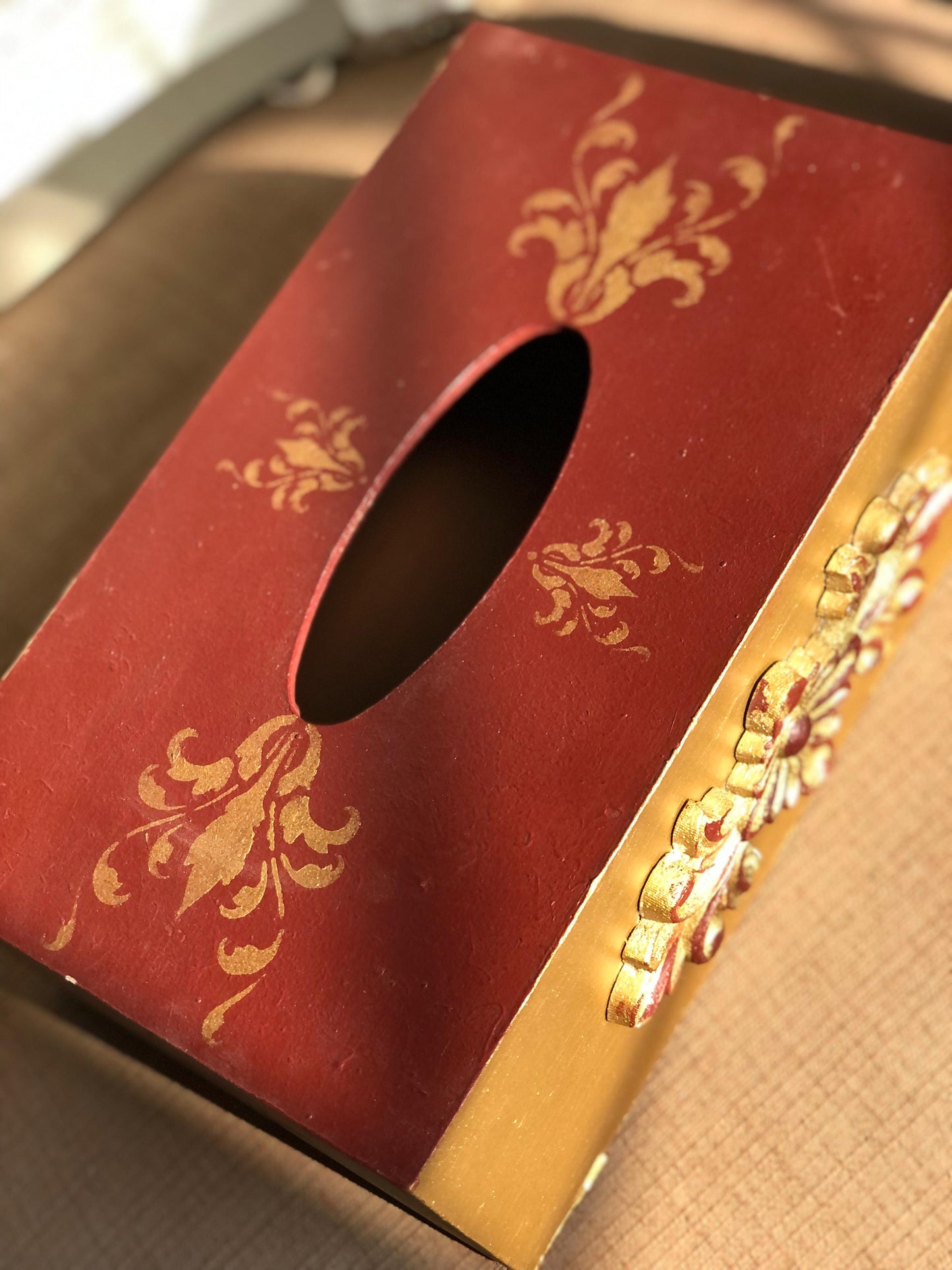 Hand-Painted Wooden Tissue Box - Royal Maroon & Gold Floral Decor