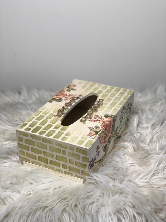 Hand-Painted Wooden Tissue Box - Shabby Chic Mosaic Rose