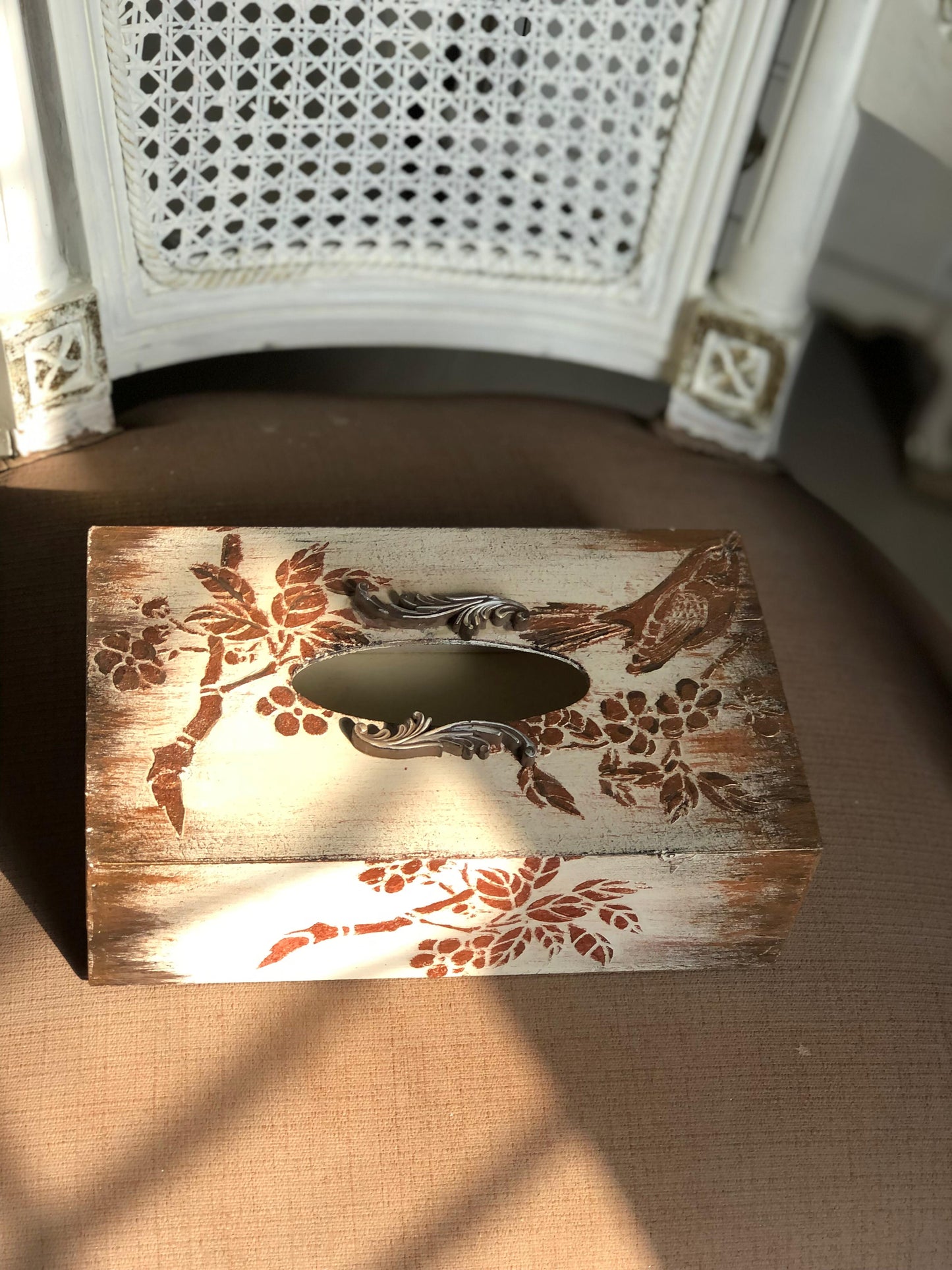 Hand-Painted Wooden Tissue Box - Distressed Rustic Bird Stencil