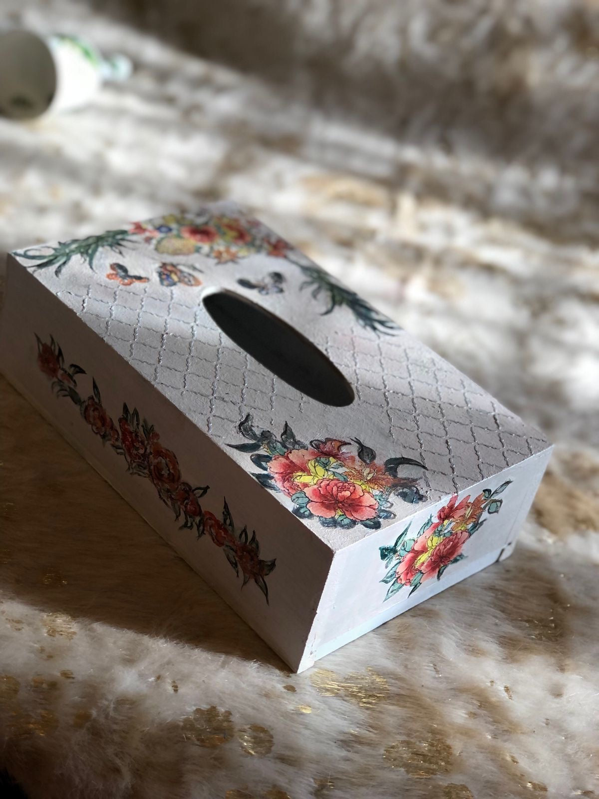Hand-Decorated Wooden Tissue Box Cover - Floral & Butterfly Decoupage