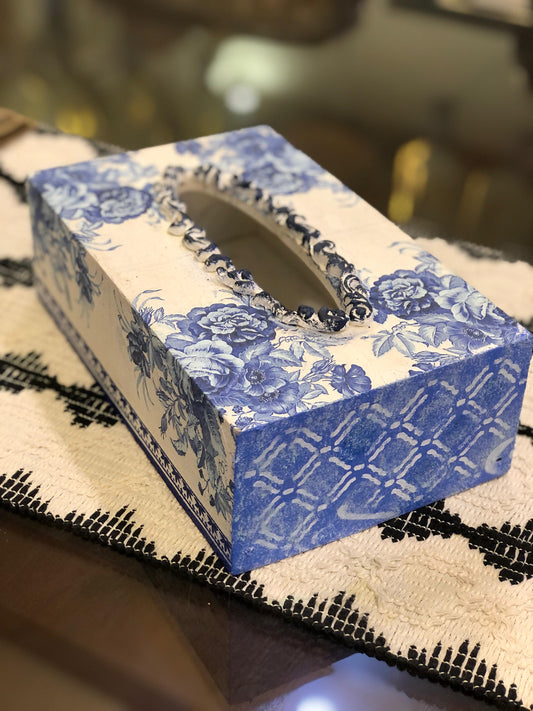 Hand-Painted Wooden Tissue Box - Classic Blue & White Chinoiserie