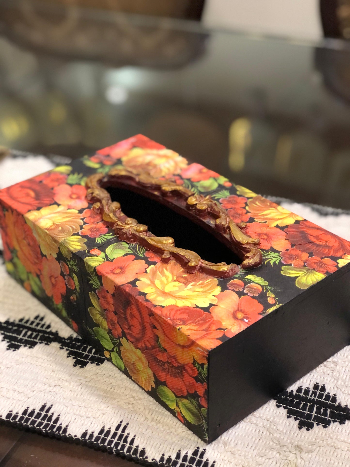 Handcrafted Statement Decor: Black Background Floral Tissue Box