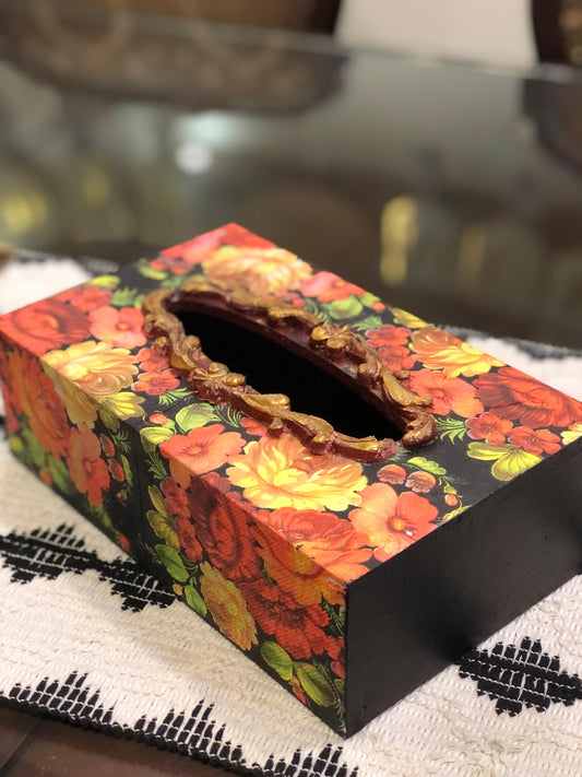 Handcrafted Statement Decor: Black Background Floral Tissue Box