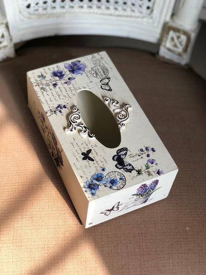 Hand-Painted Wooden Tissue Box - Vintage Violet Butterfly