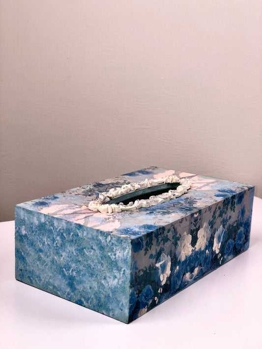 Hand-Painted Wooden Tissue Box - Distressed Blue Floral