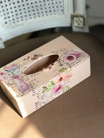 Hand-Painted Wooden Tissue Box - Shabby Chic Pink Rose Script