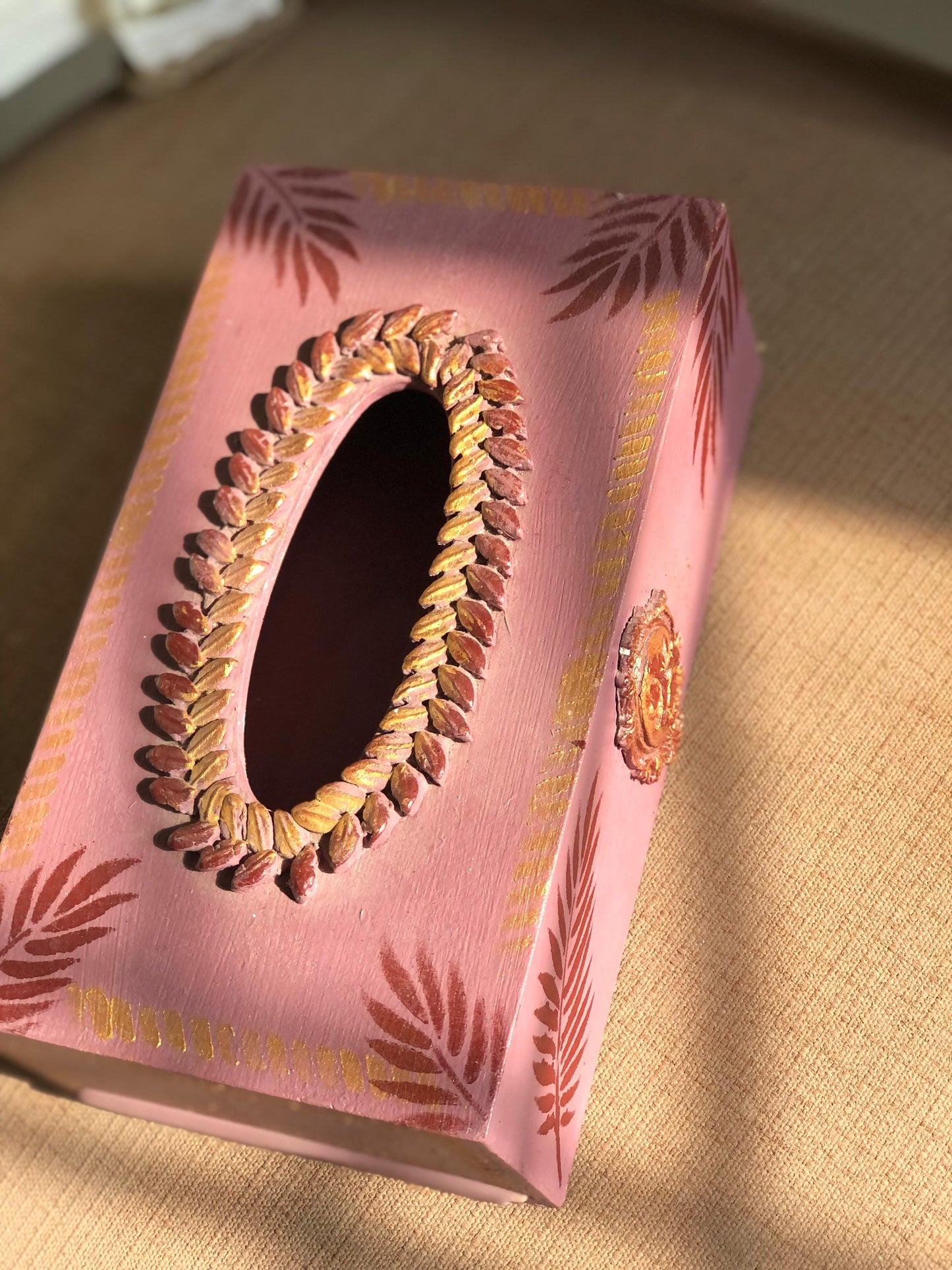 Hand-Painted Wooden Tissue Box - Pink Tropical Palm Medallion