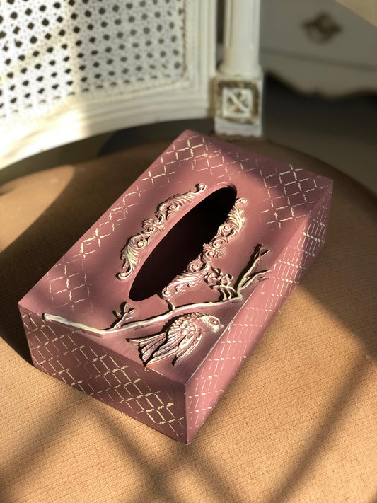 Hand-Painted Wooden Tissue Box - Mauve Geometric Bird Artwork