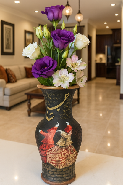 Vase - Handmade Wooden Flower Pot With Dervish Design