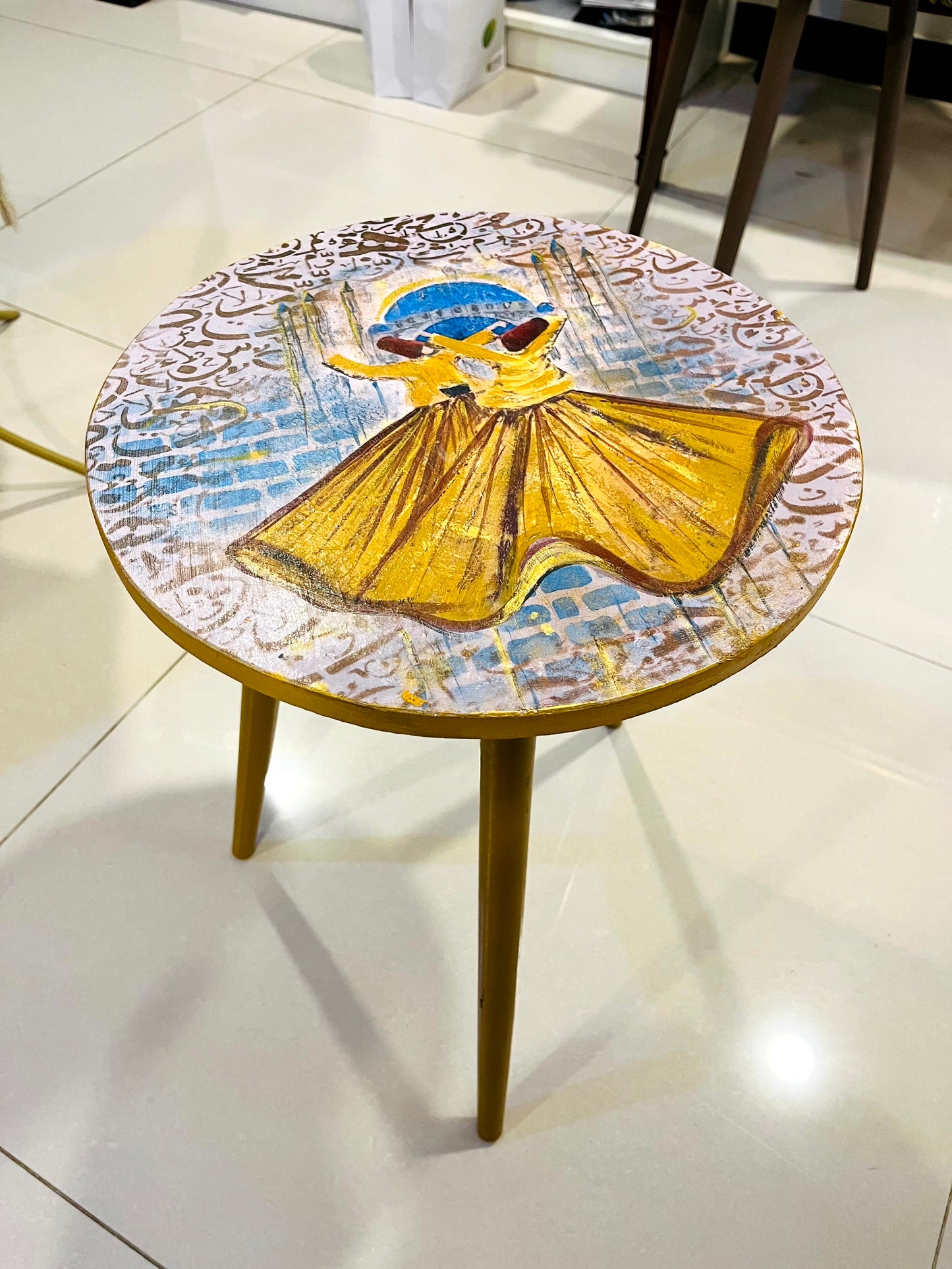 Wood Table - Hand-Painted Sufi Dervish Round Accent Table