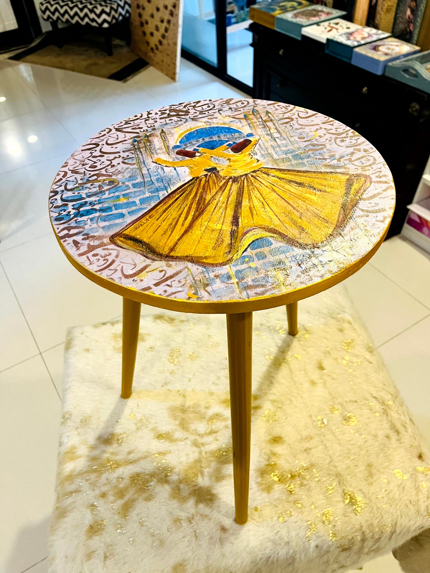 Wood Table - Hand-Painted Sufi Dervish Round Accent Table