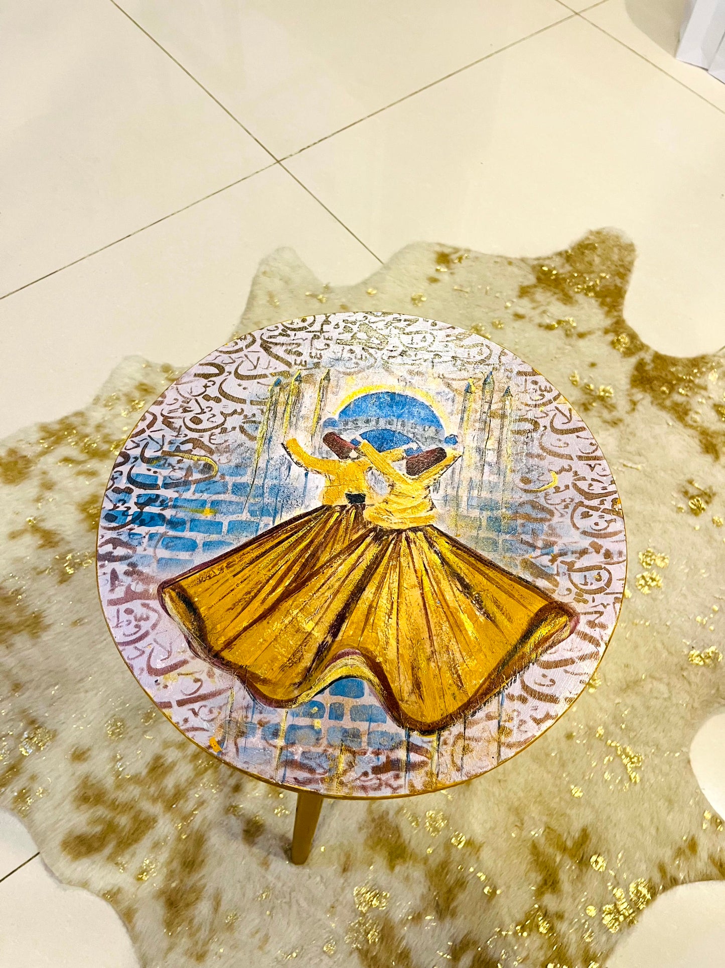 Wood Table - Hand-Painted Sufi Dervish Round Accent Table