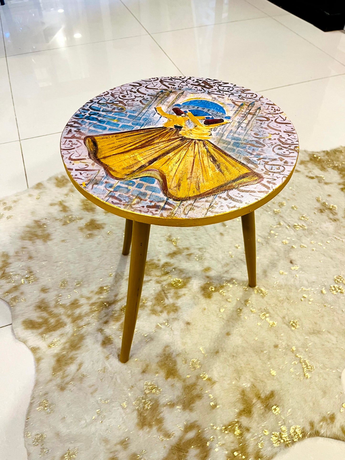 Wood Table - Hand-Painted Sufi Dervish Round Accent Table