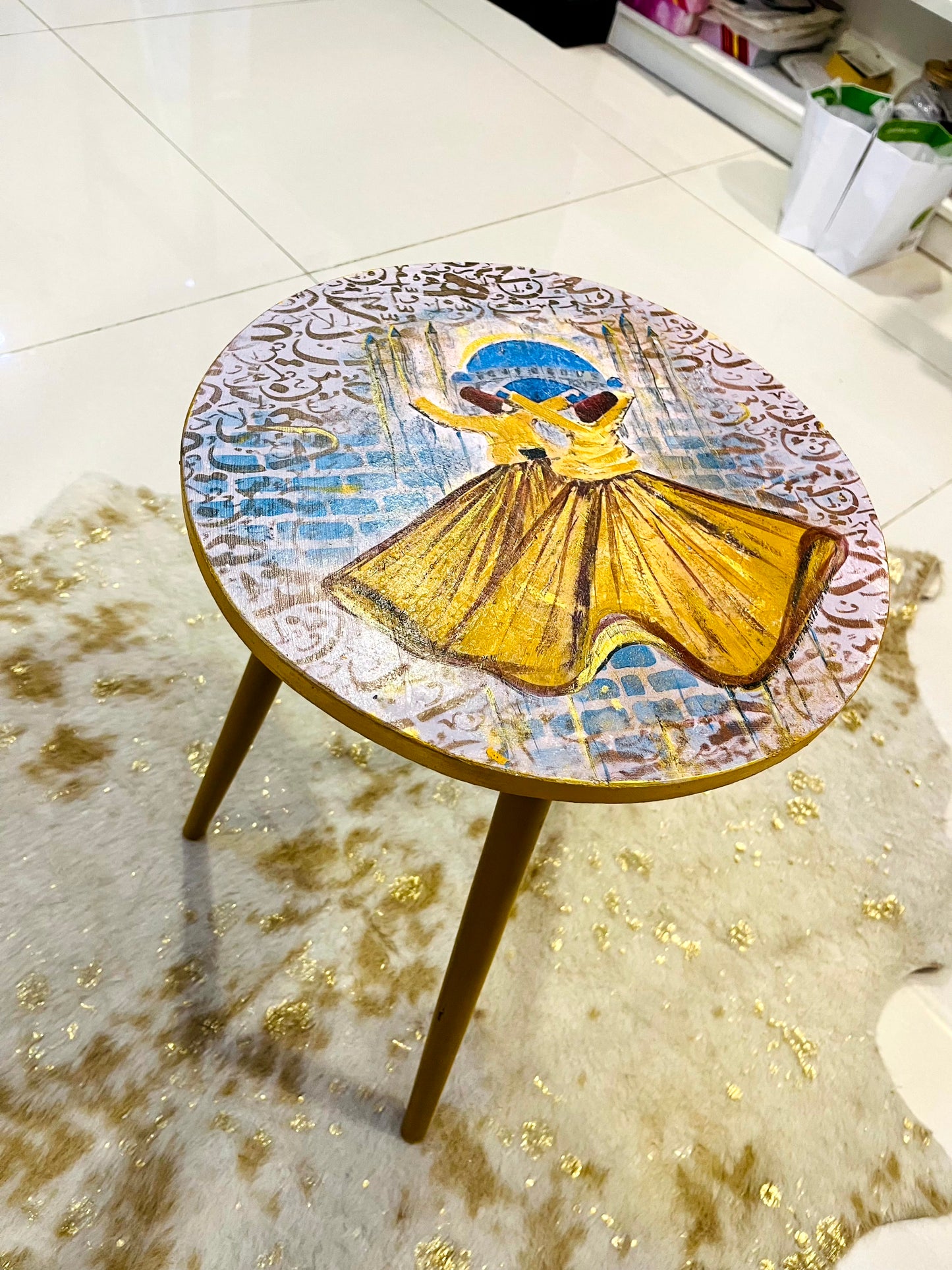 Wood Table - Hand-Painted Sufi Dervish Round Accent Table