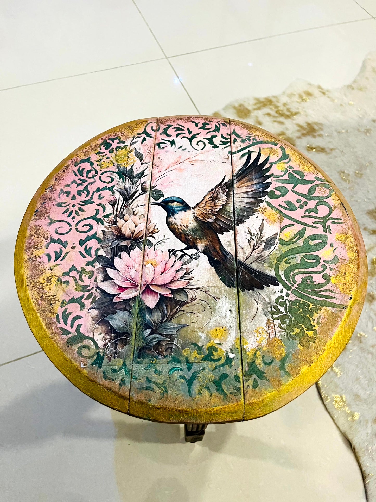 Wood Table - Hand-Painted Bird Design Round Table