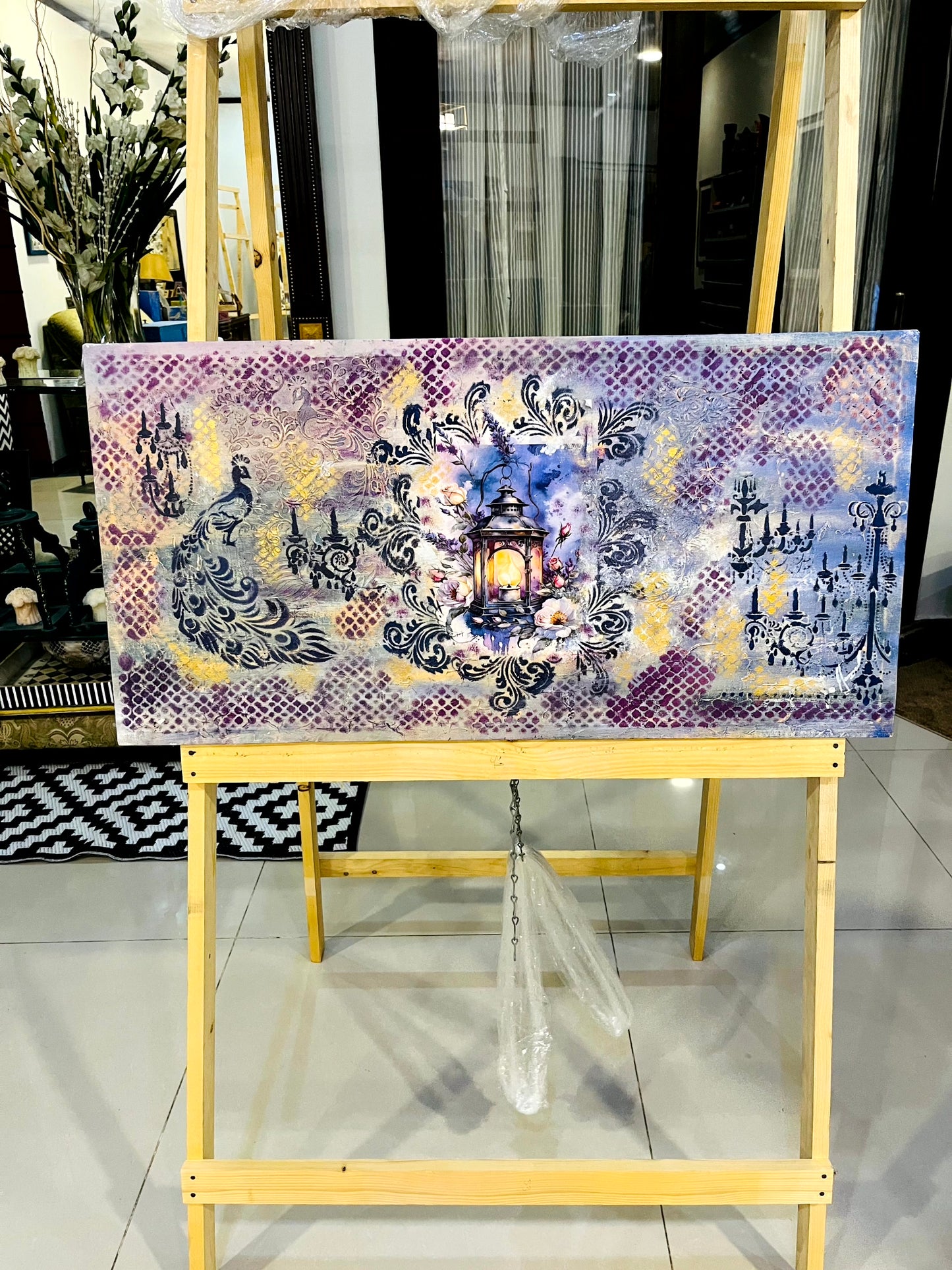 Handmade Painting - Peacock Wall Art, Lantern Mixed Media Painting