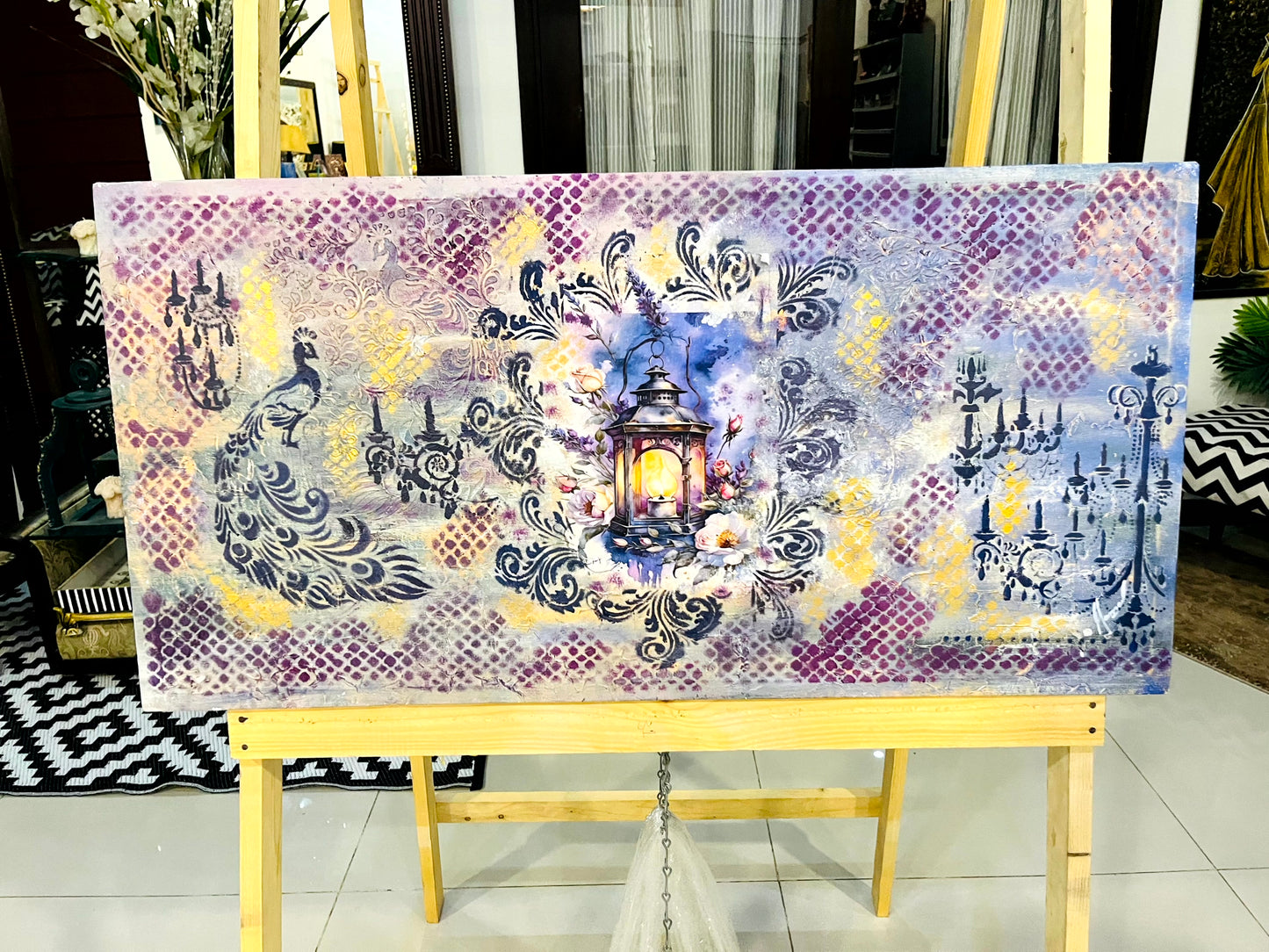Handmade Painting - Peacock Wall Art, Lantern Mixed Media Painting