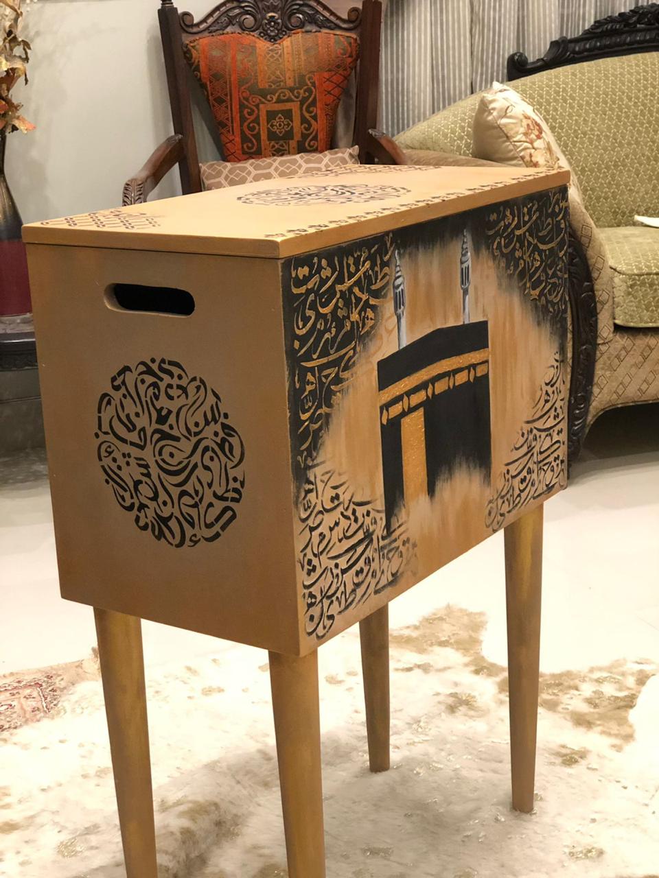 Handmade Prayer Stand - Prayer mat box with calligraphy and hand painted khana e kaabah