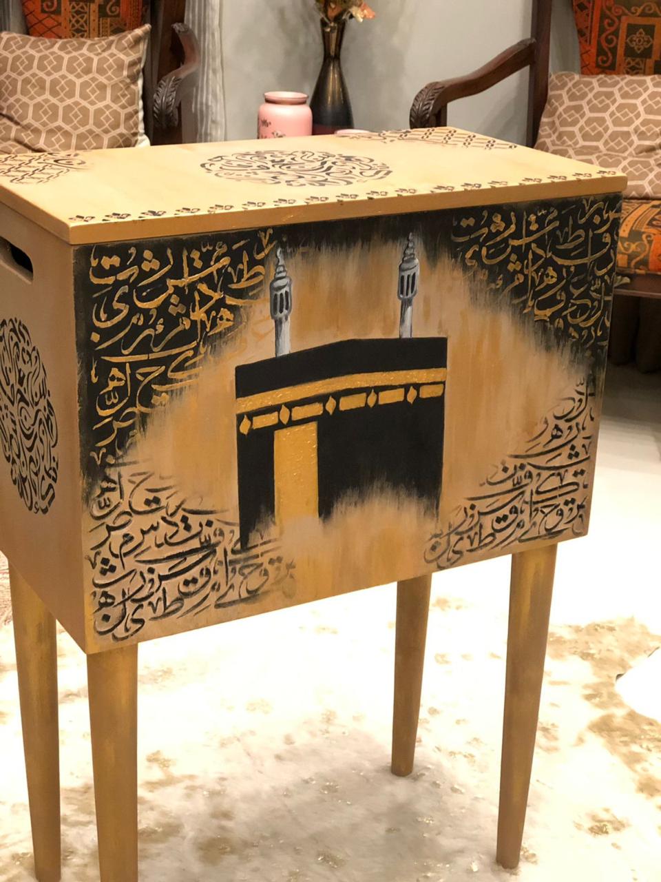 Handmade Prayer Stand - Prayer mat box with calligraphy and hand painted khana e kaabah