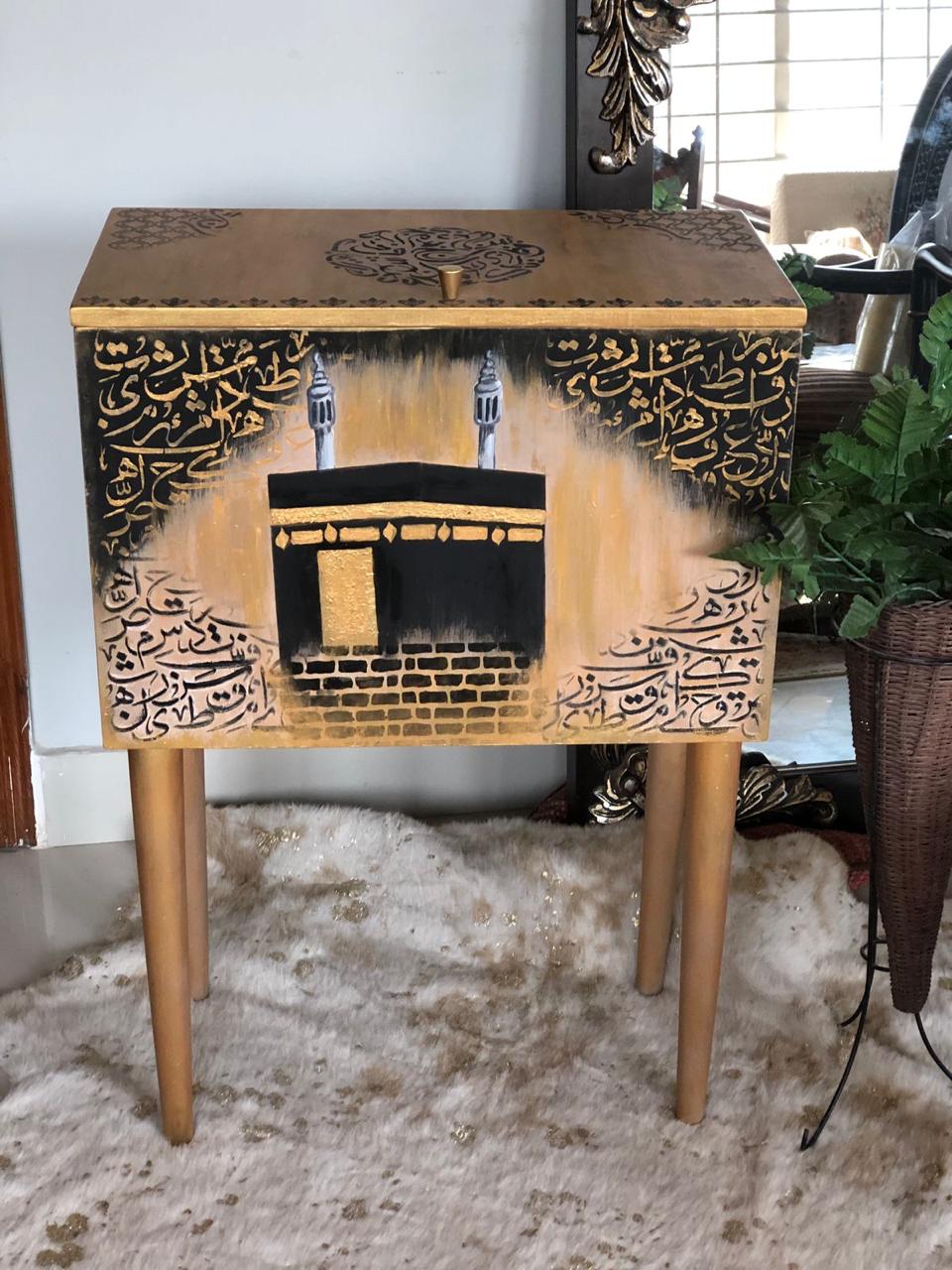 Handmade Prayer Stand - Prayer mat box with calligraphy and hand painted khana e kaabah