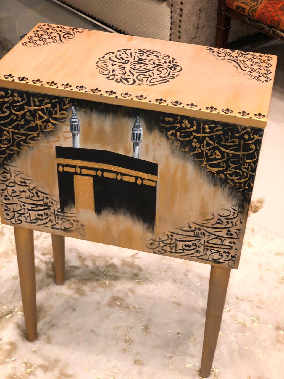 Handmade Prayer Stand - Prayer mat box with calligraphy and hand painted khana e kaabah