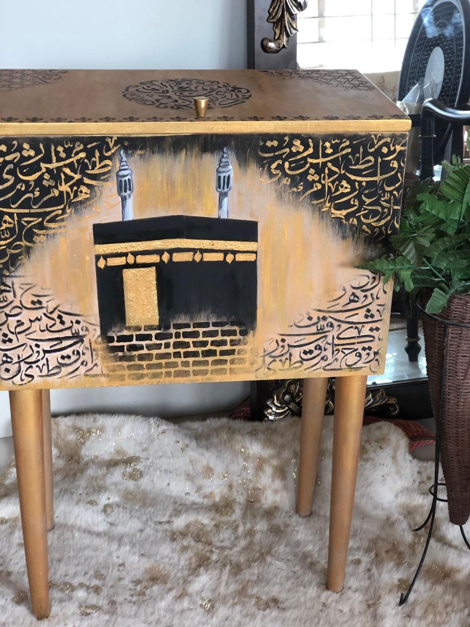 Handmade Prayer Stand - Prayer mat box with calligraphy and hand painted khana e kaabah