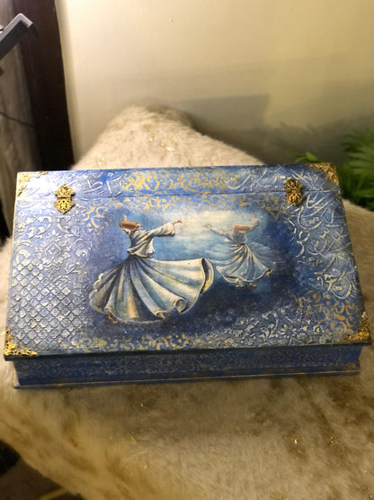 Decor Box - Decoupage textured art stenciling - Mystic Dervish Wooden Treasure Box with Dividers