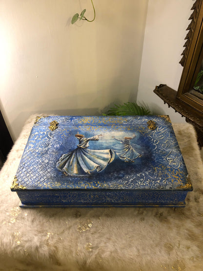 Decor Box - Decoupage textured art stenciling - Mystic Dervish Wooden Treasure Box with Dividers