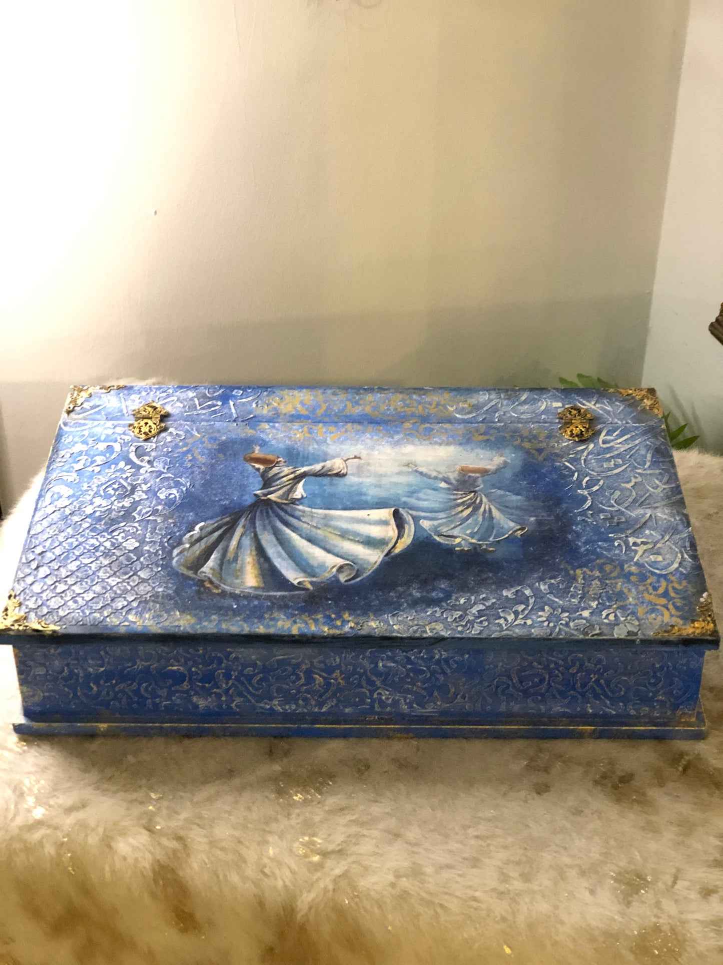 Decor Box - Decoupage textured art stenciling - Mystic Dervish Wooden Treasure Box with Dividers