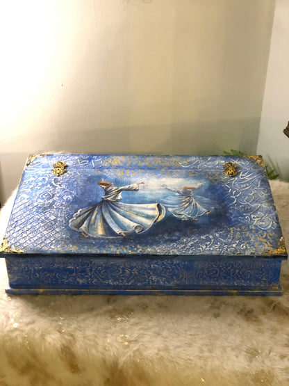 Decor Box - Decoupage textured art stenciling - Mystic Dervish Wooden Treasure Box with Dividers