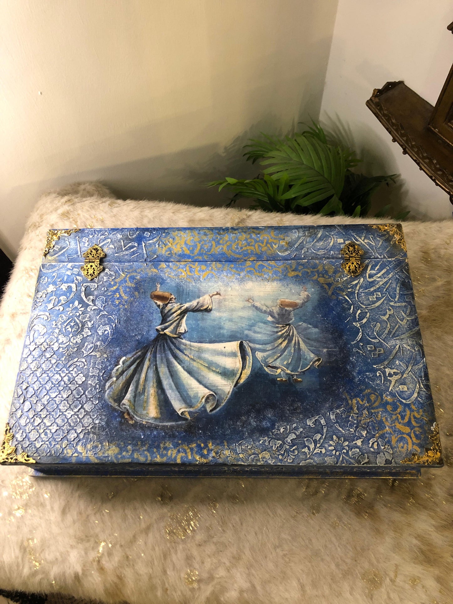 Decor Box - Decoupage textured art stenciling - Mystic Dervish Wooden Treasure Box with Dividers