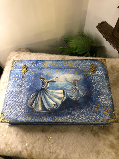 Decor Box - Decoupage textured art stenciling - Mystic Dervish Wooden Treasure Box with Dividers
