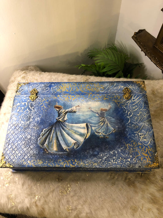 Decor Box - Decoupage textured art stenciling - Mystic Dervish Wooden Treasure Box with Dividers