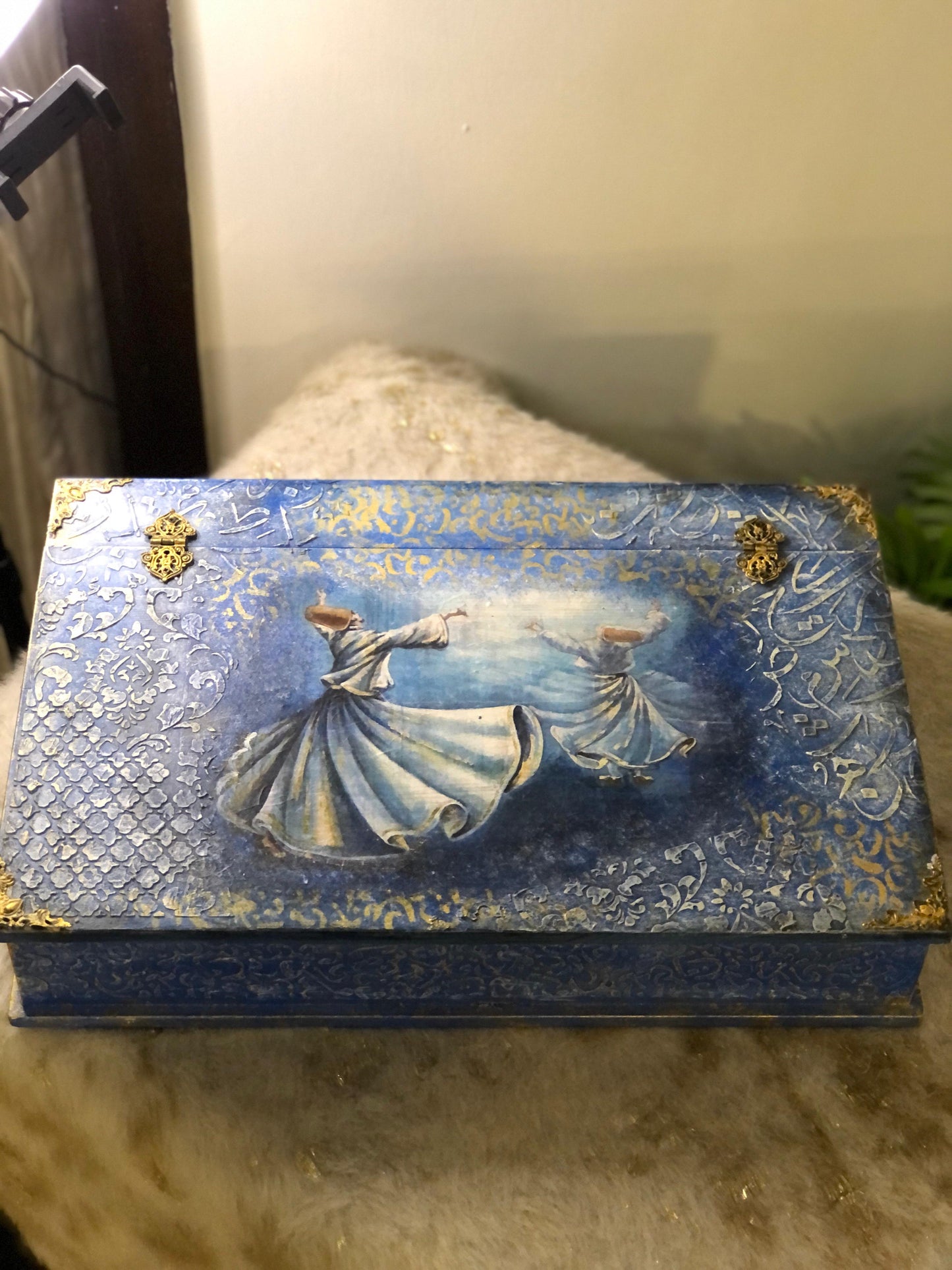 Decor Box - Decoupage textured art stenciling - Mystic Dervish Wooden Treasure Box with Dividers