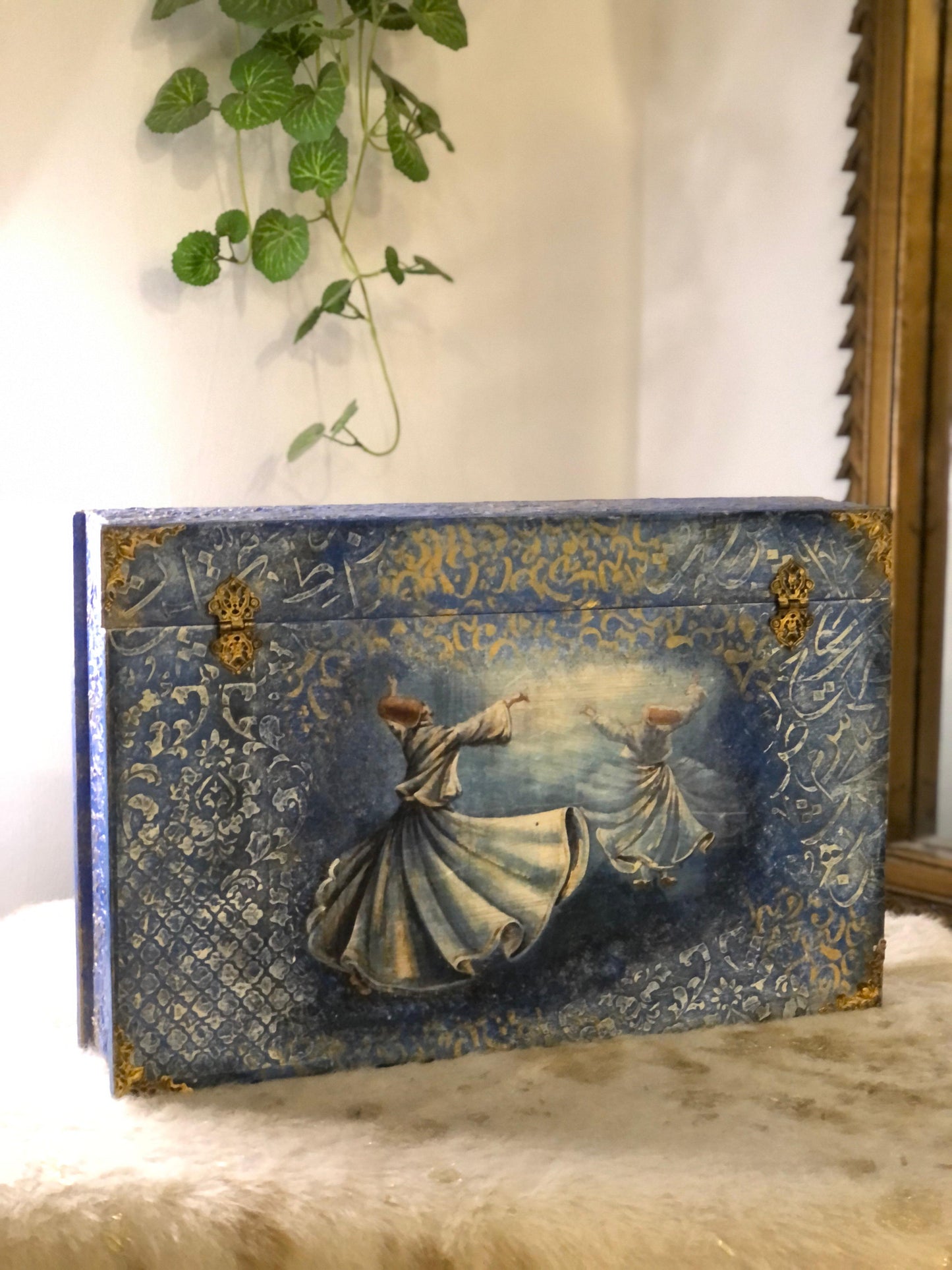 Decor Box - Decoupage textured art stenciling - Mystic Dervish Wooden Treasure Box with Dividers