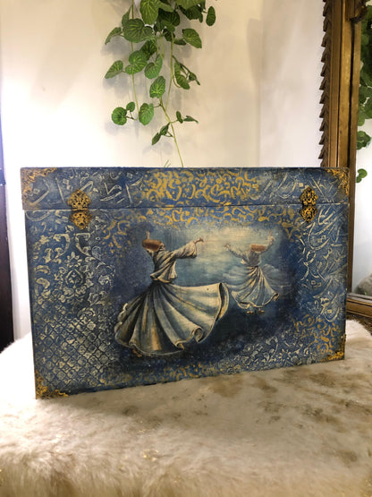 Decor Box - Decoupage textured art stenciling - Mystic Dervish Wooden Treasure Box with Dividers