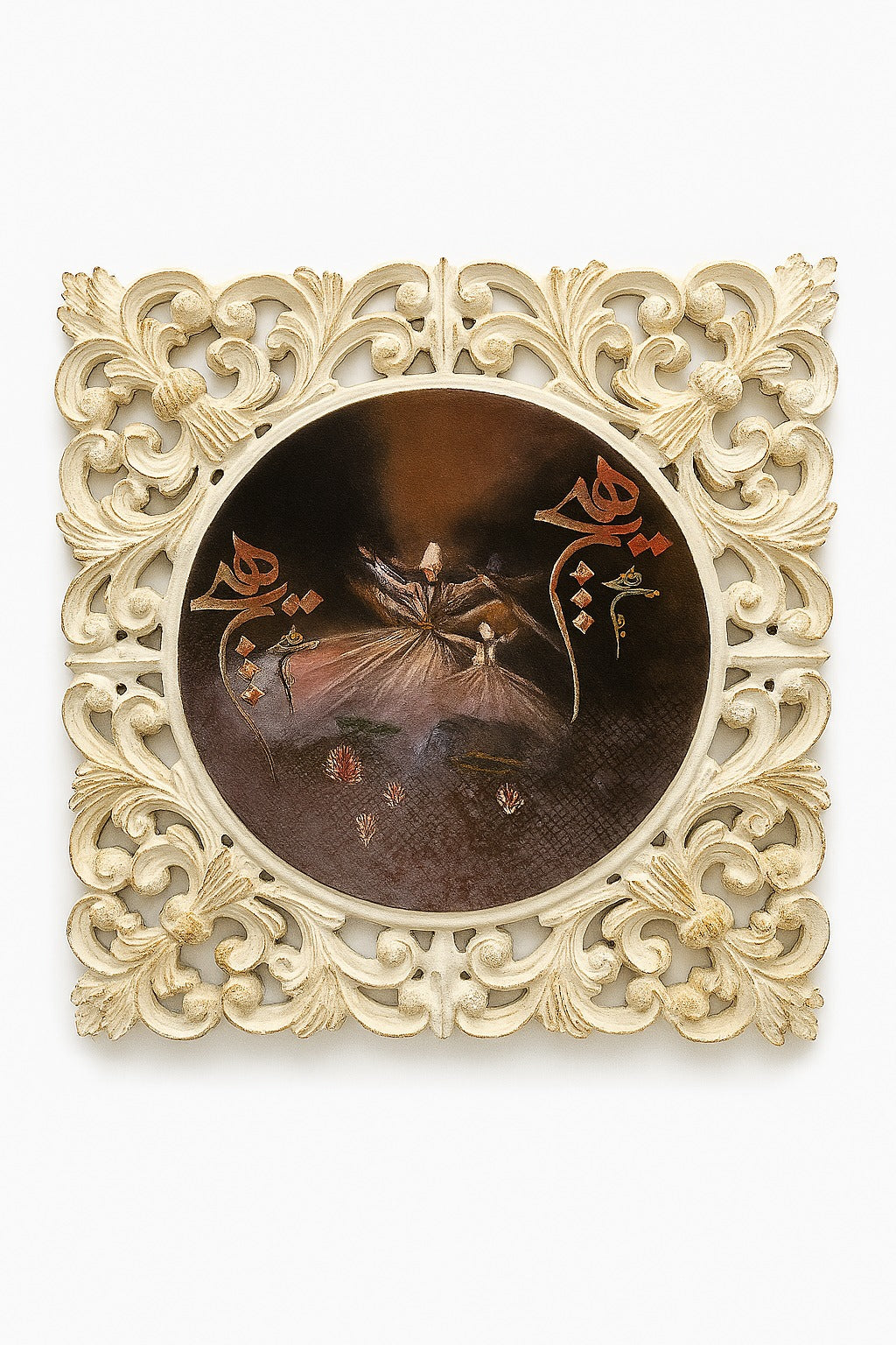 Handcrafted Wooden Framed Art - Wooden carved frame , decopage on canvas, cutouts calk paint