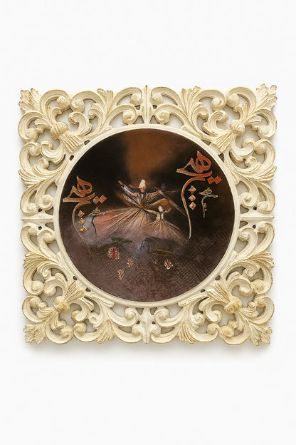 Handcrafted Wooden Framed Art - Wooden carved frame , decopage on canvas, cutouts calk paint