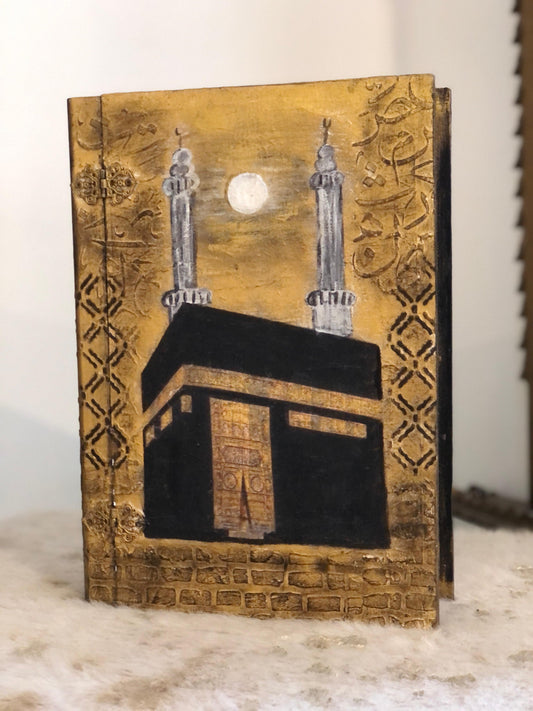 Book Box – Hand-Painted Kaaba Book Box with Islamic Calligraphy - Decopage , textured art wooden box