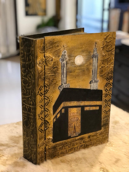 Book Box – Hand-Painted Kaaba Book Box with Islamic Calligraphy - Decopage , textured art wooden box