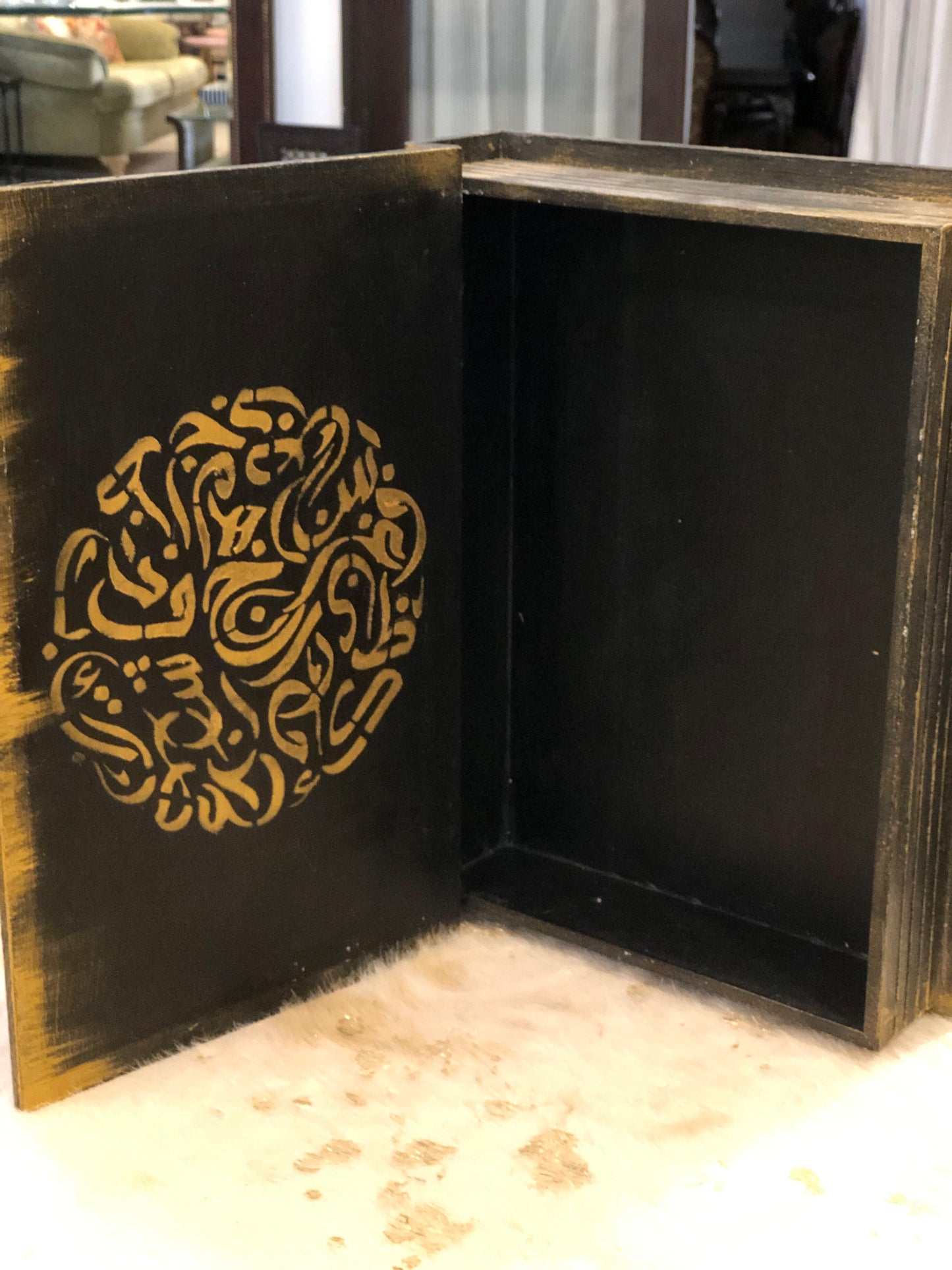 Book Box – Hand-Painted Kaaba Book Box with Islamic Calligraphy - Decopage , textured art wooden box